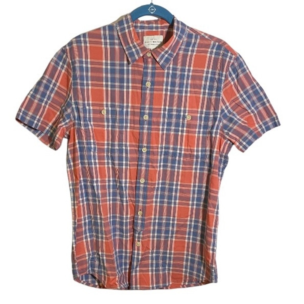 Lucky Brand Shirt Mens Medium Cotton Blend Short Sleeve Button Up Red Blue Plaid